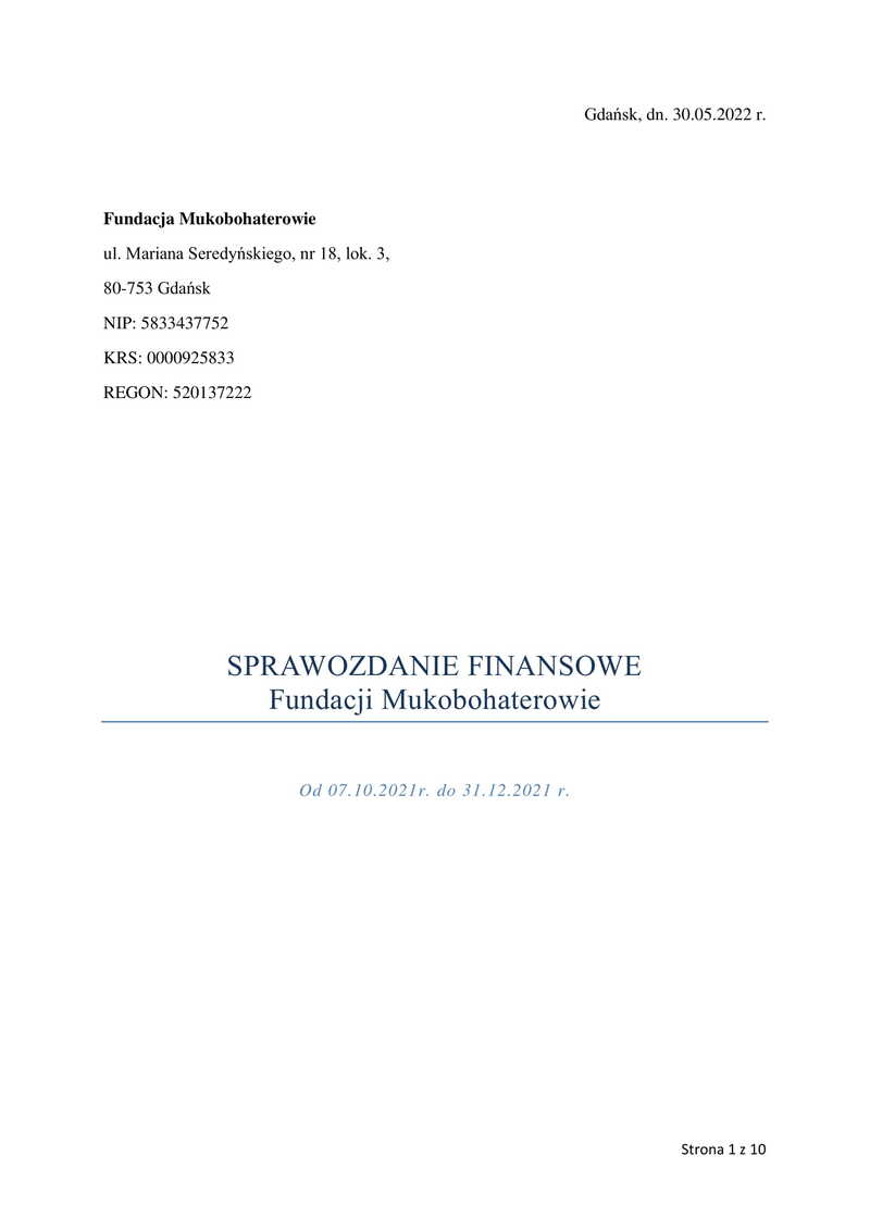 Miniatura pierwszej strony sprawozdania finansowego Fundacji Mukobohaterowie za rok 2021