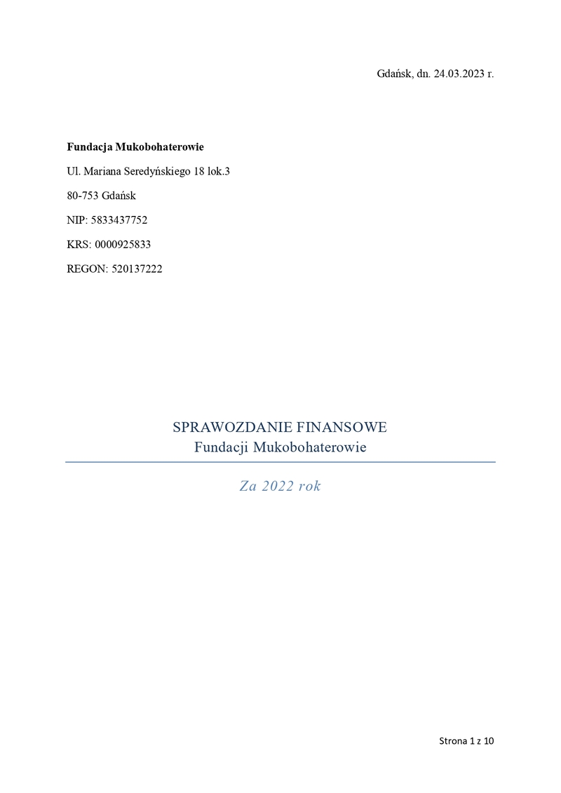 Miniatura pierwszej strony sprawozdania finansowego Fundacji Mukobohaterowie za rok 2022