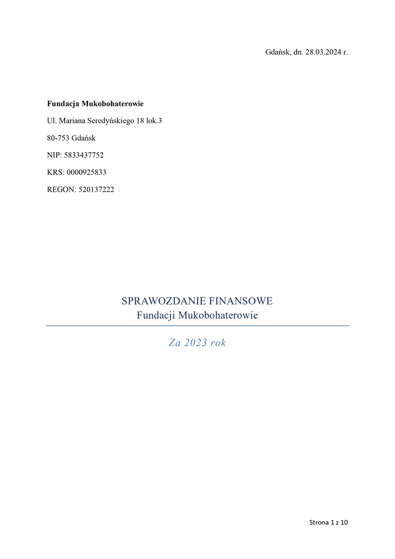 Miniatura pierwszej strony sprawozdania finansowego Fundacji Mukobohaterowie za rok 2022