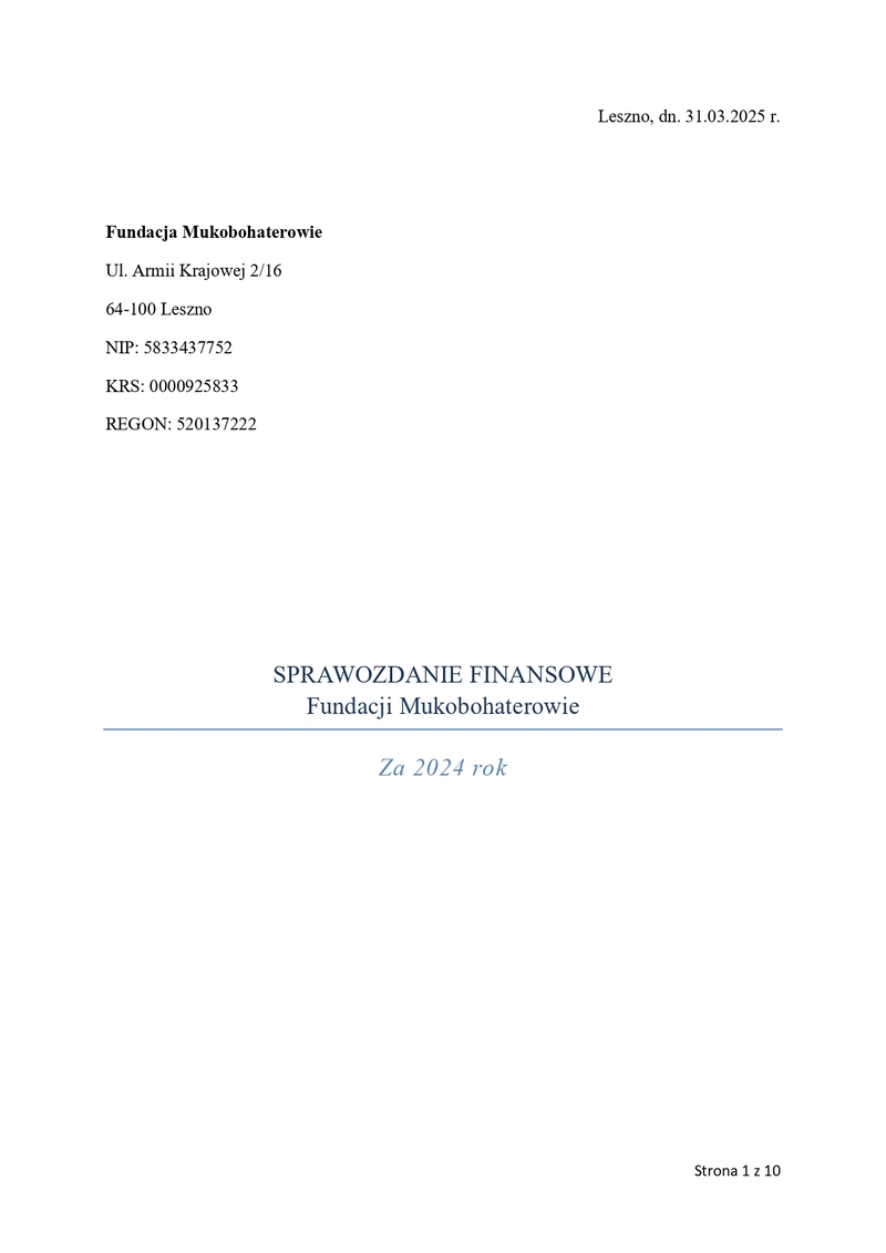Miniatura pierwszej strony sprawozdania finansowego Fundacji Mukobohaterowie za rok 2024