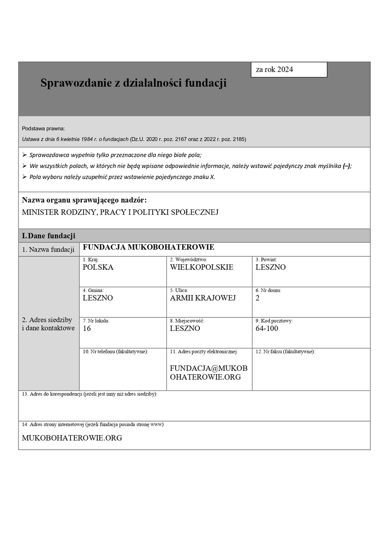Miniatura pierwszej strony sprawozdania merytorycznego Fundacji Mukobohaterowie za rok 2024